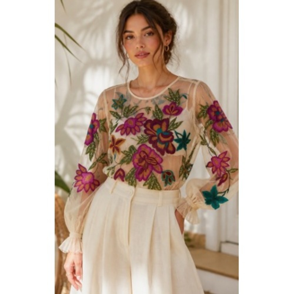 Anthropologie Floral Embroidered Sheer Mesh Blouse Puff Sleeve NWT XS